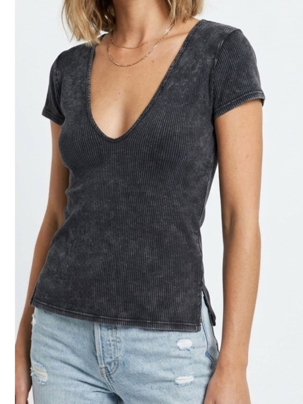 FREE PEOPLE Ribbed Charcoal Grey Black Deep V-Neck Tee T-shirt Top Large